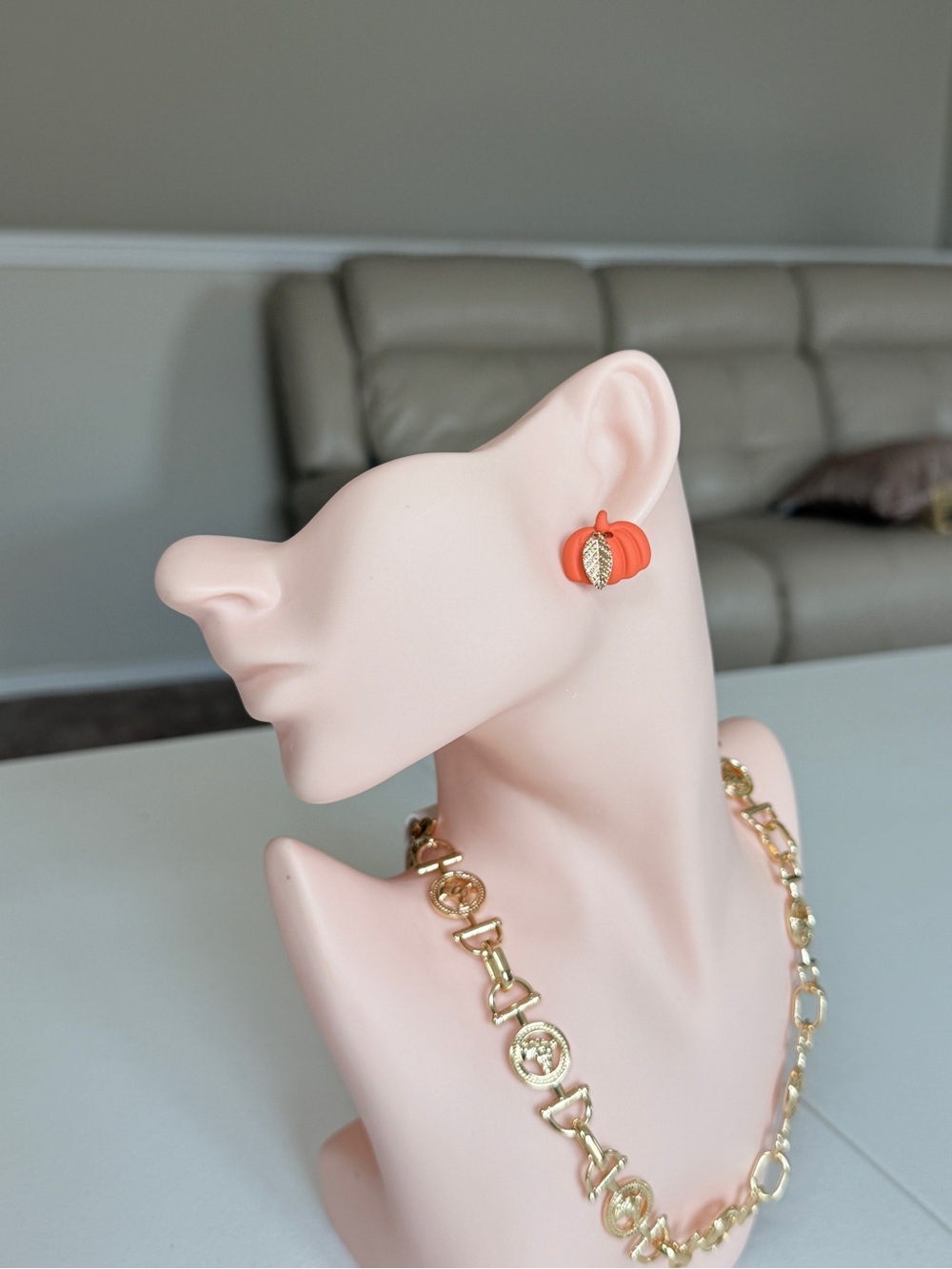 Gold Leaf Accent Orange Pumpkin Stud Earrings - Picture 4 of 12